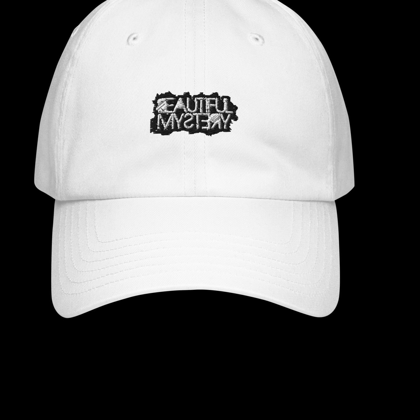 A white hat featuring the words "Evil Mystery" prominently displayed on the front.
