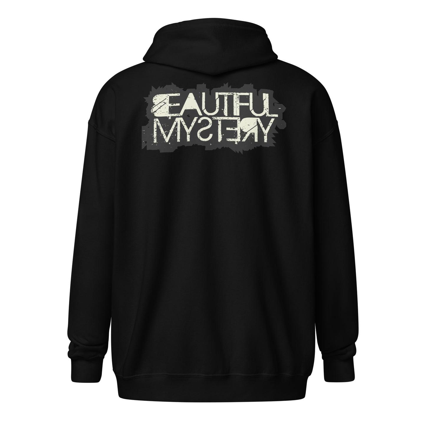 A black hoodie featuring the phrase "beautiful mystery" printed prominently on the front.