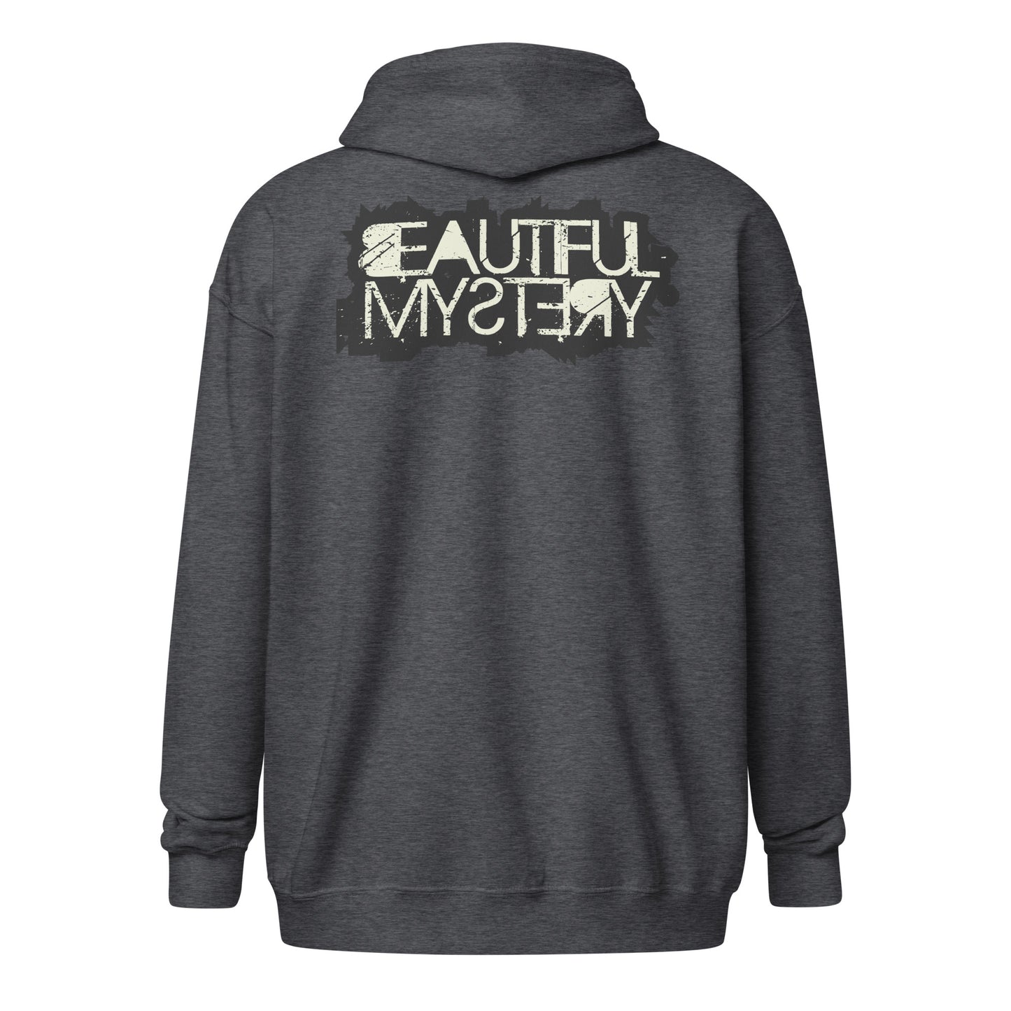 A Grey hoodie featuring the phrase "beautiful mystery" printed prominently on the front.