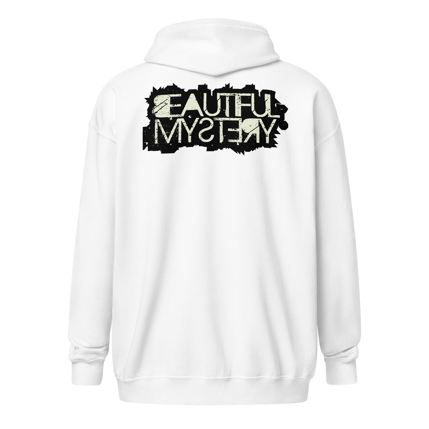 A white hoodie featuring the phrase "beautiful mystery" printed prominently on the front.