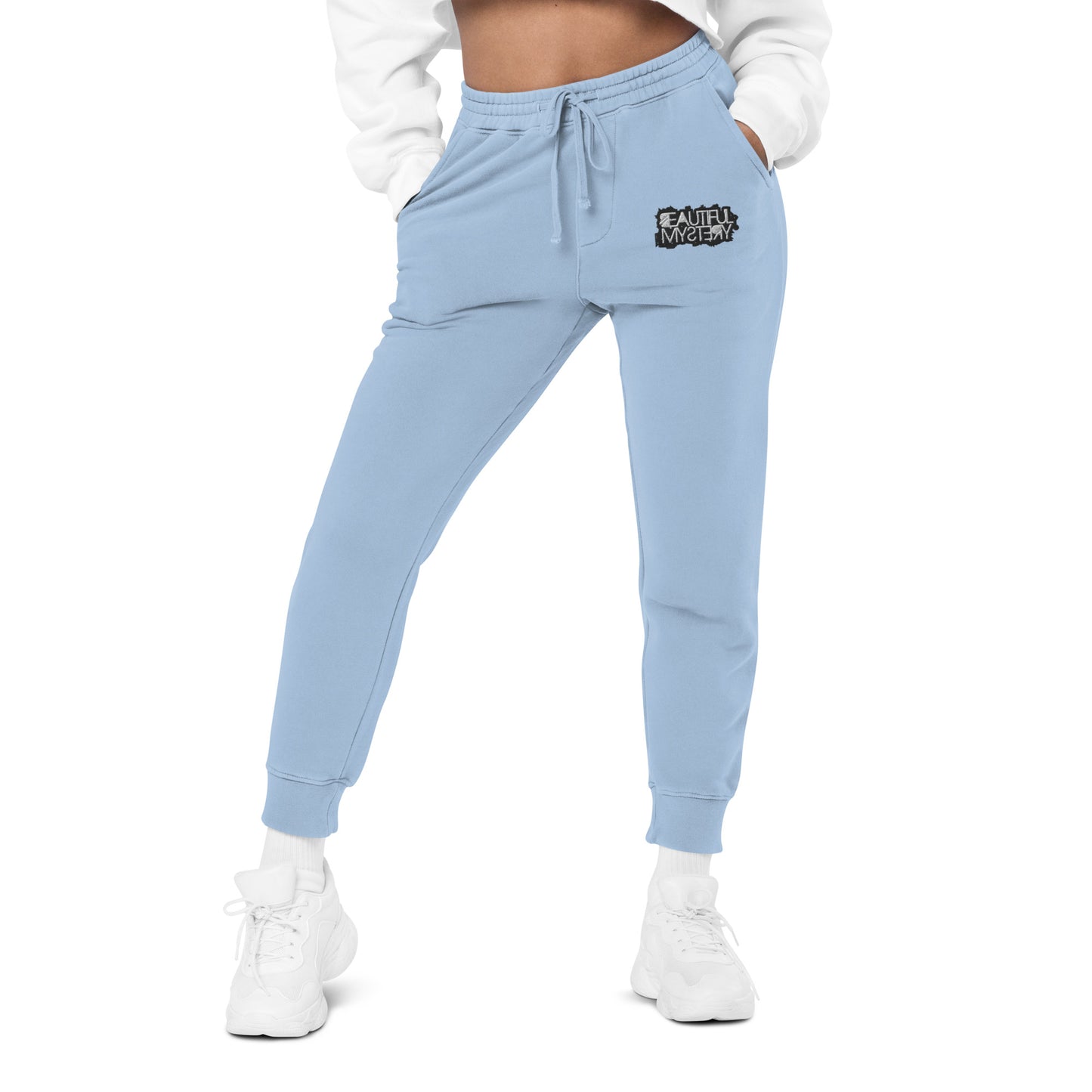 Blue women's jogger pants featuring a white logo on the side, designed for comfort and casual wear.